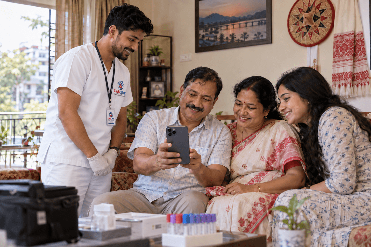 Healthcare professional visiting family for home blood collection in Guwahati