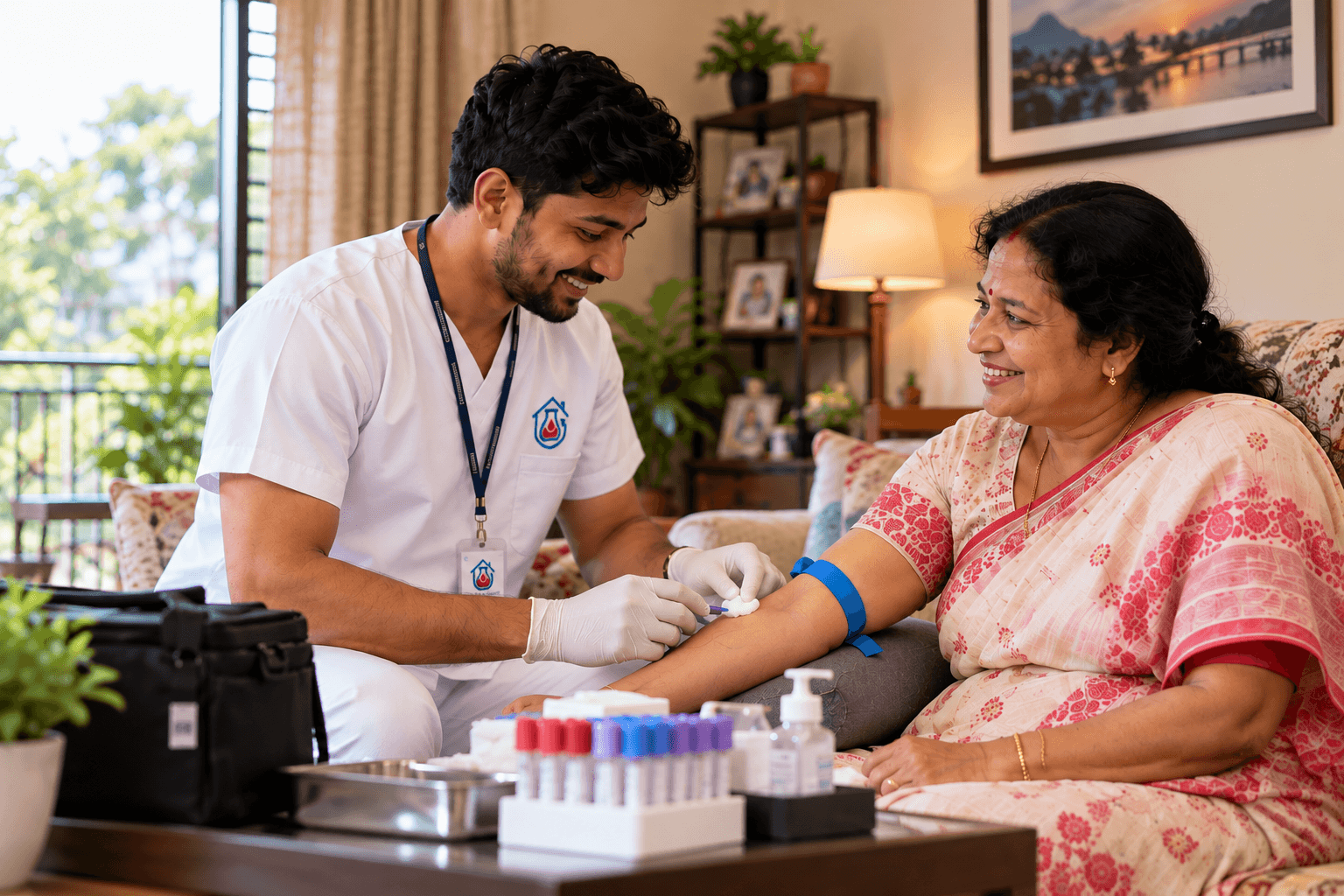 Healthcare professional providing home blood collection service in Guwahati